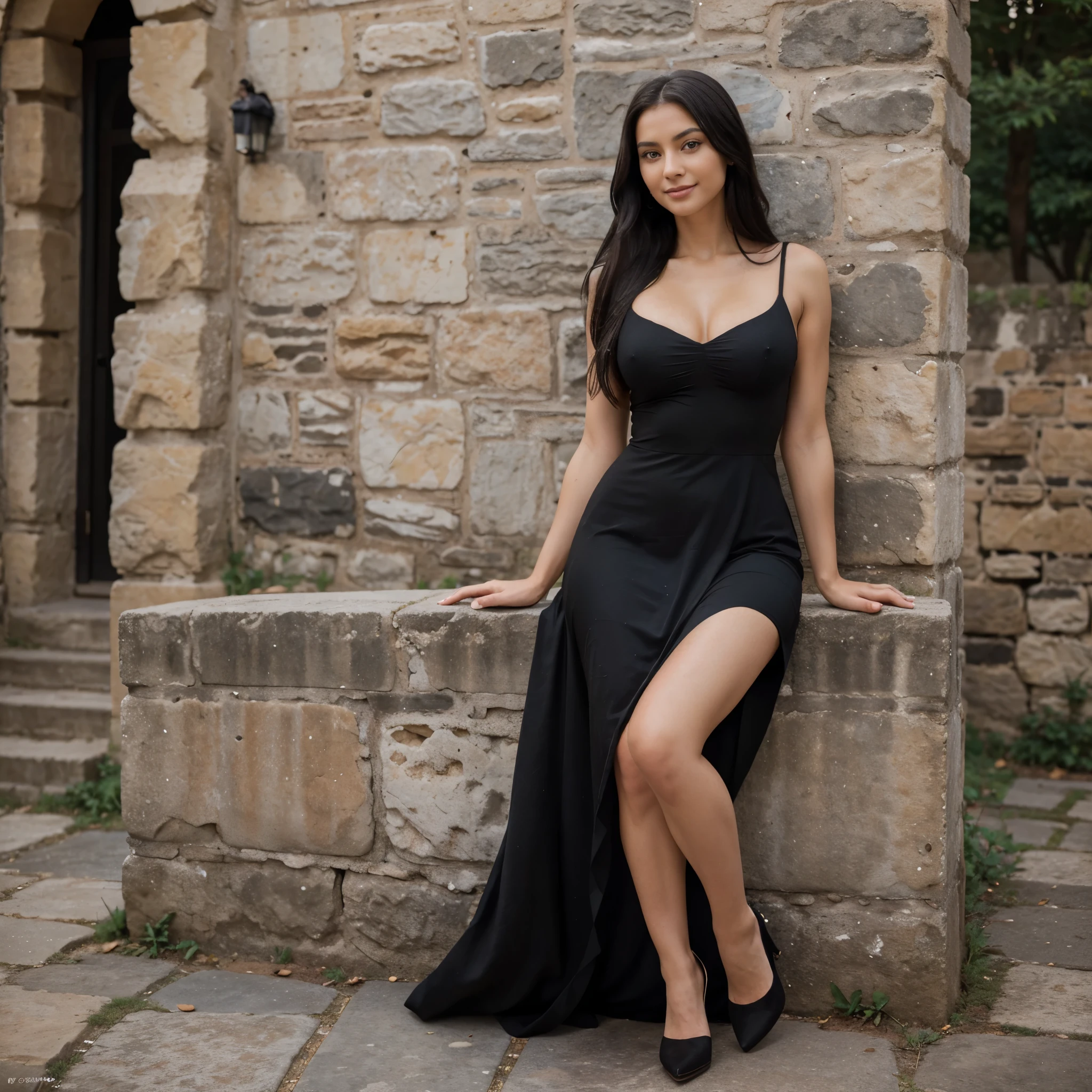 One woman of about 20 years old, black long hair, body measurement 36-25-36, height 5'7", medium breasts, Hazel eyes, wearing black dress and heels sitting on a stone wall, tight dress, elegant dress, stylish, long dress,  stunning elegant pose, beautiful goddess, smile, Full Body full height Shooting, Masterpiece, mobile Photography, daylight, 8k, Top Quality, Fine Pore, Photorealistic, Ultra Detailed, (high skin detail:1.2),Extremely detailed,Intricate, sharp-focus