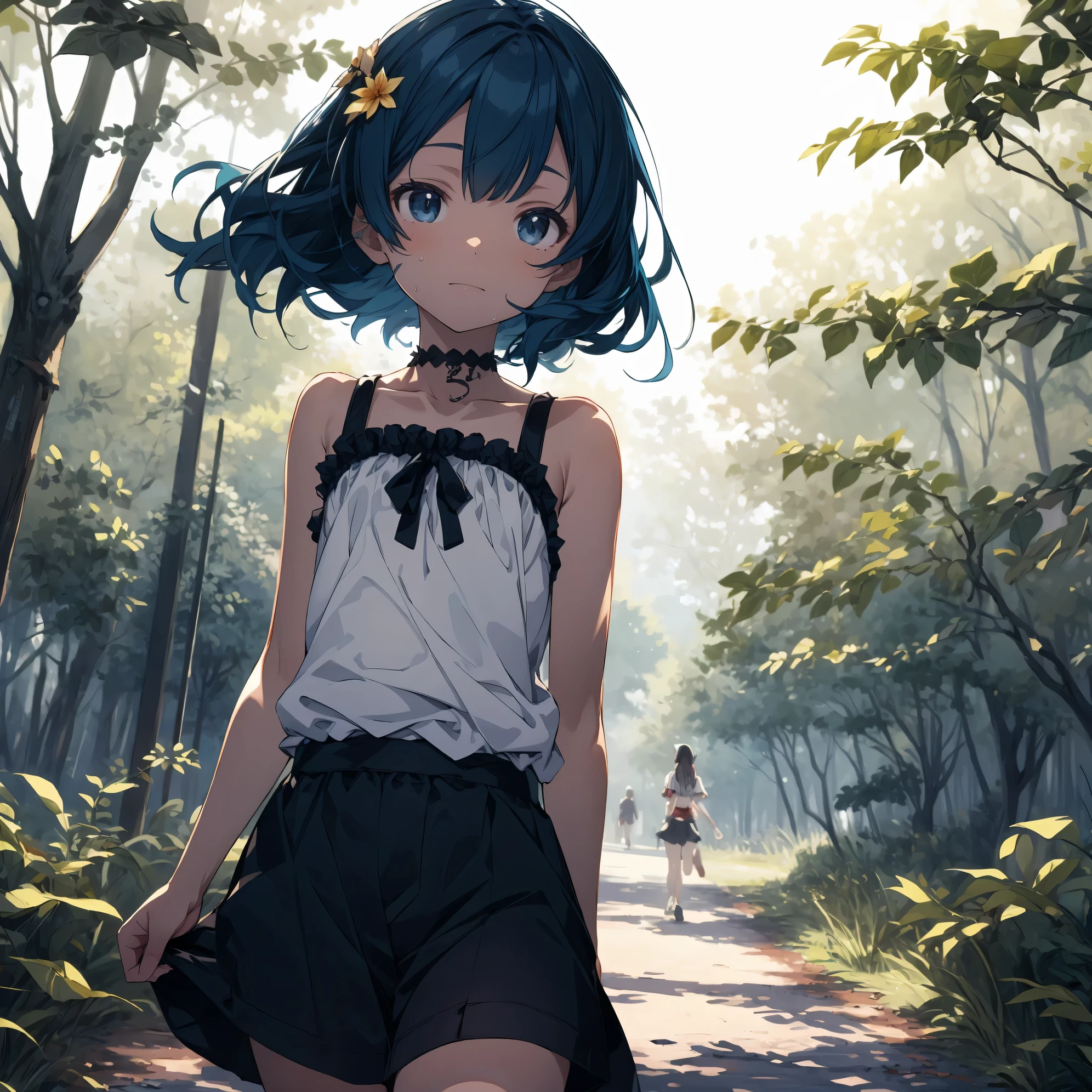 Super high quality by the art god, super detailed, High resolution,Fujichoco style, anime moe art style, best anime 8K konachan wallpaper, pixiv contest winner,Irasutoya, perfect anatomy, break,(森をalone慎重に歩く女の子の絵を描きます. ),break, Surreal cute girl, (alone,lolita, , 12 years old:1.3),All limbs, full finger, androgynous charm, (ponytail), short bob cut, flat chest, , small ass, between legs, beautiful and fine eyes, Well-proportioned iris and pupils, High resolutionの詳細な髪, light smile, (Camisole Tops,shorts:1.2),have,bare shoulders,sweating,warmer than usual, In the summer forest. break,super detailed肌, Best lighting by famous artists, 8K, figure,