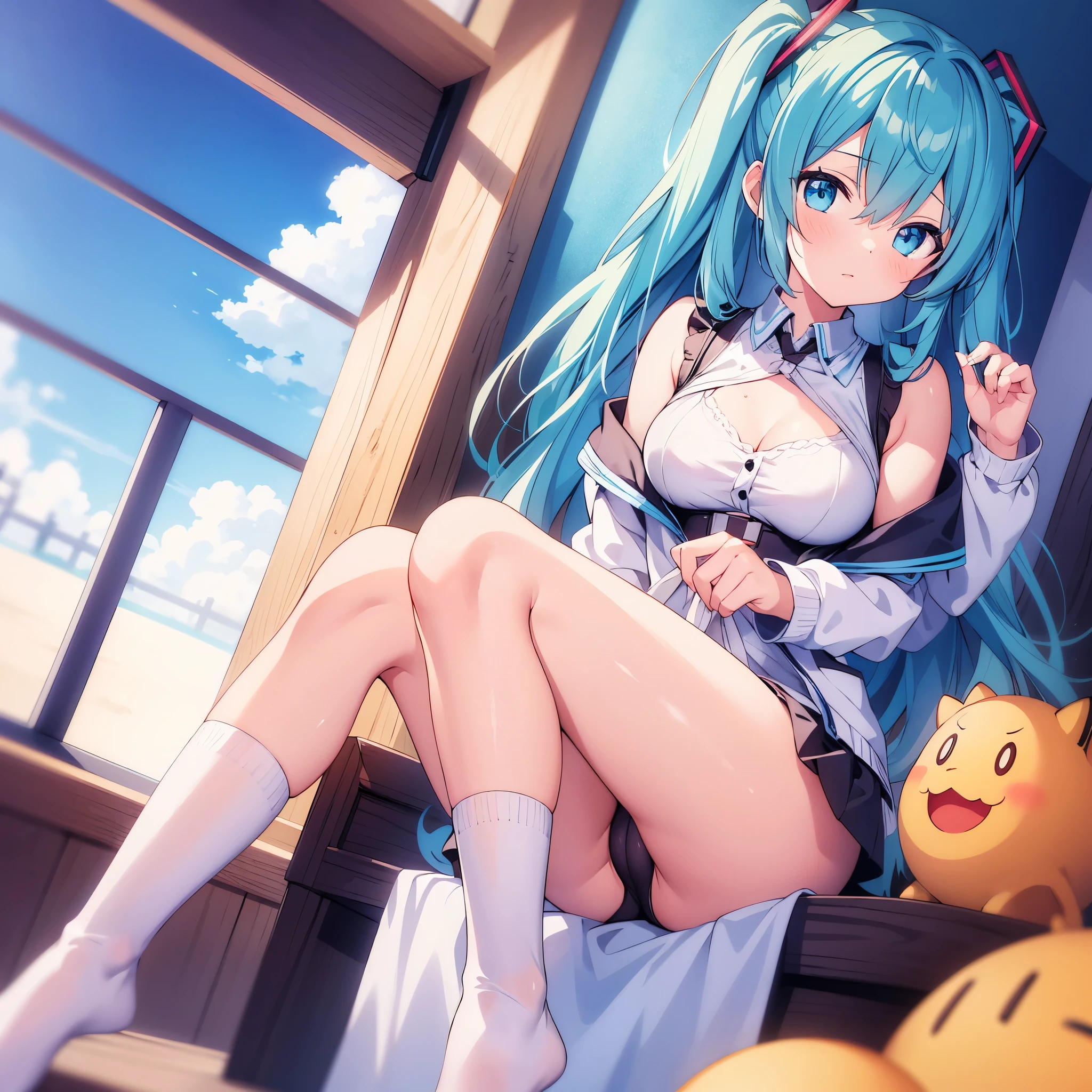 1girl,miku,Vocaloid,portrait,clearly,detailed,camel toe,white knee socks,in the bathroom