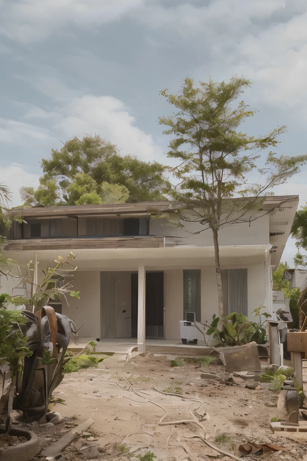 color photo of a modern and minimalist grey-colored Midcentury home. The house exudes an elegant and sophisticated vibe with its sleek lines, clean design, and neutral color palette. The exterior of the home is painted in a beautiful shade of grey, which perfectly complements the surrounding landscape. Large windows allow an abundance of natural light to flood the interior, creating a bright and airy atmosphere. The architectural details, such as the flat roof, angular shapes, and minimalistic landscaping, add to the overall contemporary aesthetic of the house. This grey Midcentury home stands as a timeless masterpiece, blending seamlessly with its surroundings.
