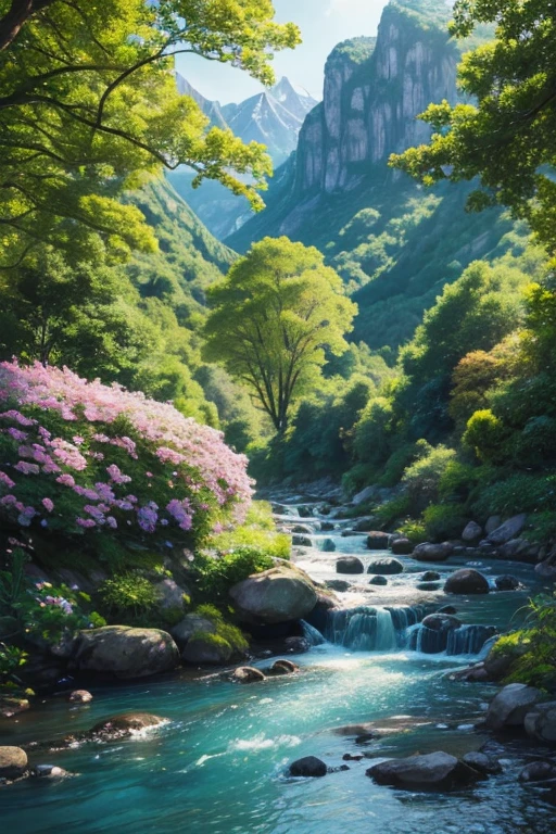 The exquisite beauty of nature:1.1, Realistic, professional, Vivid colors, Soft lighting, Landscapes, Beautiful House, Detailed trees, Colorful flowers, flowing river, Majestic mountains, Gentle breeze, Clear blue sky, the sunlight filters through the leaves of the tree, vibrant hues, Natural tranquility, Lush greenery, illustration
