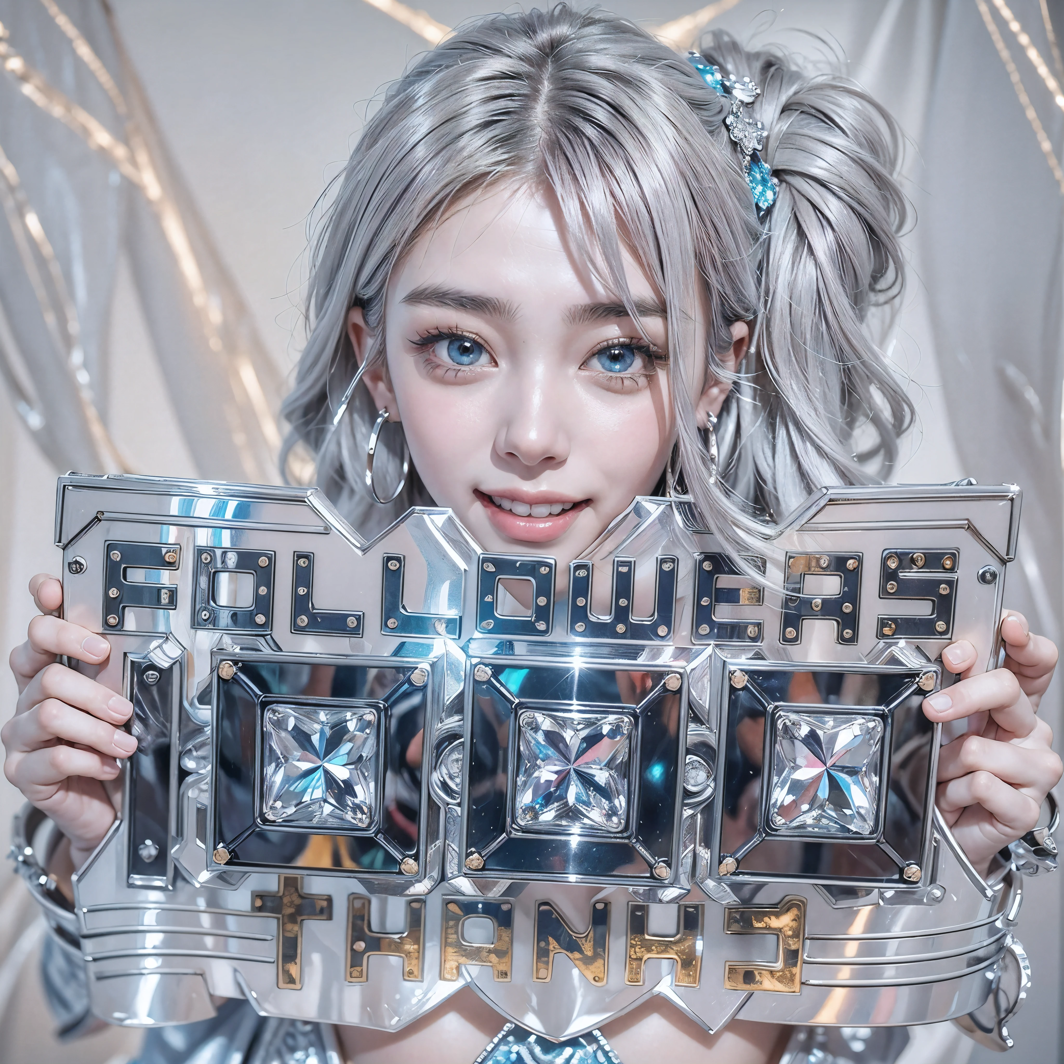 (anime:1.3), (fashion portrait:1.6), ultra detailed, beautiful, masterpiece, best quality, _ BREAK (1girl:1.2), 22 years old, 160 cm, Japanese cute model, Tightened all body, medium Breasts, small head, small face, diamond Face, small nose, Sharp Faceline, young hands and fingers, beautiful hands and fingers, five fingers, _ BREAK (happy, smile:1.6), (Glossy Lips:1.3), (Light color lips, Half open mouth, beautiful Teeth:1.2), (dropy eyes, Double eyelid, Blue eyes:1.), _ BREAK (arranged hairstyle:1.3), (gray hair:1.3), _ BREAK (Kaleidoscope, Reflecting background:1.4), blurry background, Fog, mist, _ BREAK (cowboy shot:1.7), (standing:1.6), (sexy model pose:1.6), BREAK (Cyberpunk theme:1.2), ((wear an oversized white turtleneck with holographic circuit pattern)),
BREAK
(silver accessories:1.2), (silver hoop earrings:1.2), (silver ankle bracelet:1.2),