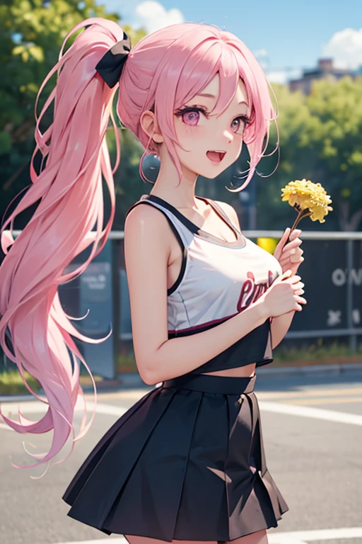 One female、pink hair、pink eyes、long ponytail、yellow ribbon、cheerleader、(holding yellow pompoms in both hands)、big breasts、One female、Full support、best style、beautiful legs、Laughter