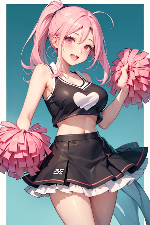 One female、pink hair、pink eyes、long ponytail、yellow ribbon、cheerleader、(holding yellow pompoms in both hands)、big breasts、One female、Full support、best style、beautiful legs、Laughter