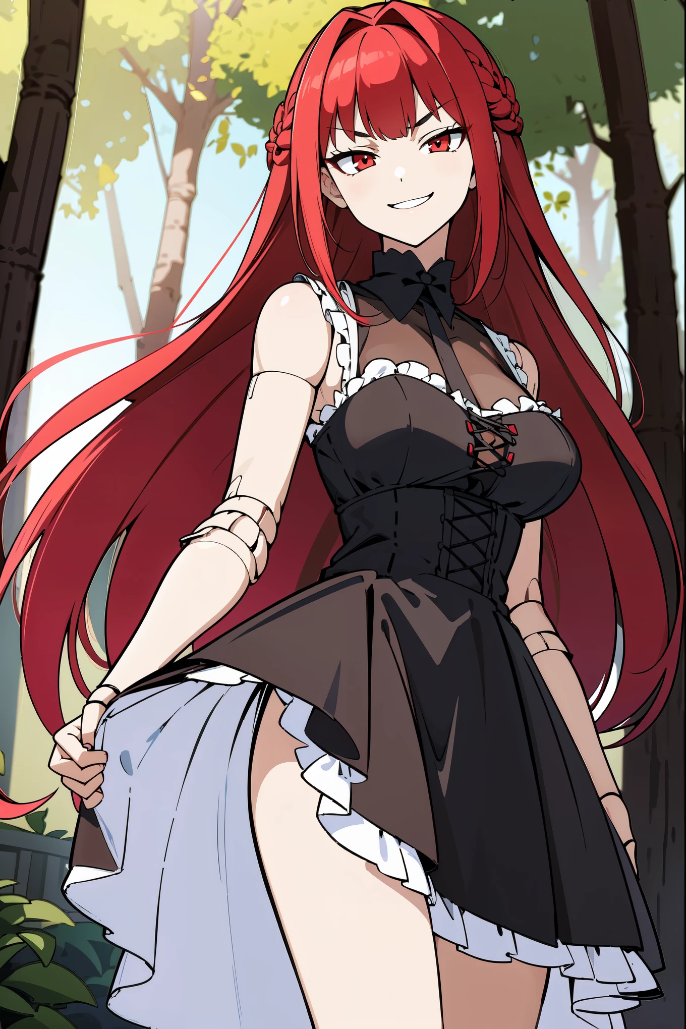 masterpiece, best quality, ultra high quality, 1girl, solo, crimson red hair, very long hair, french braid, single sidelock, red eyes, detailed eyes, medium breasts, mature girl, smirk, evil grin, evil face, black victorian dress, ornate white dress, (sleeveless), off-shoulder dress, frills, (dollgirl, doll joints), looking at viewer, arms behind back, sunrays, volumetric lightning, focus on character, forest, trees