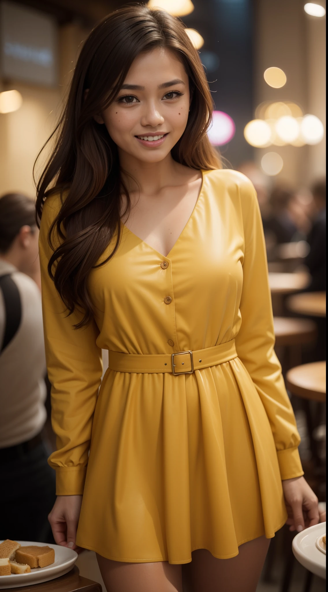 Malay girl, very long golden brown hair,wear yellow mustard long sleeve modest leather peplum long Dress , laughing and posing with hand on hip, from front view, windy, detail skin, age spot, detail skin texture, mole below eyes, small breast, flat chest, wide hips, small waists, thick thighs, beautiful  body, nighttime, laughing, happy, cool ambient, crowded cafe, blur background, bokeh, cinematic lighting, Super 8mm lense, Extreme close-up, deep focus cinematography effect, Natural Lighting, pastel color grading, high quality, ultra detail, 8k resolution