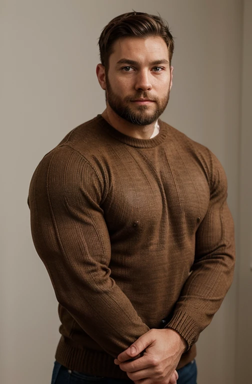Create a portrait photo of a muscular man in a sweater with short brown hair and a full beard. His build is very robust. He should hold a white sheet of paper with both hands