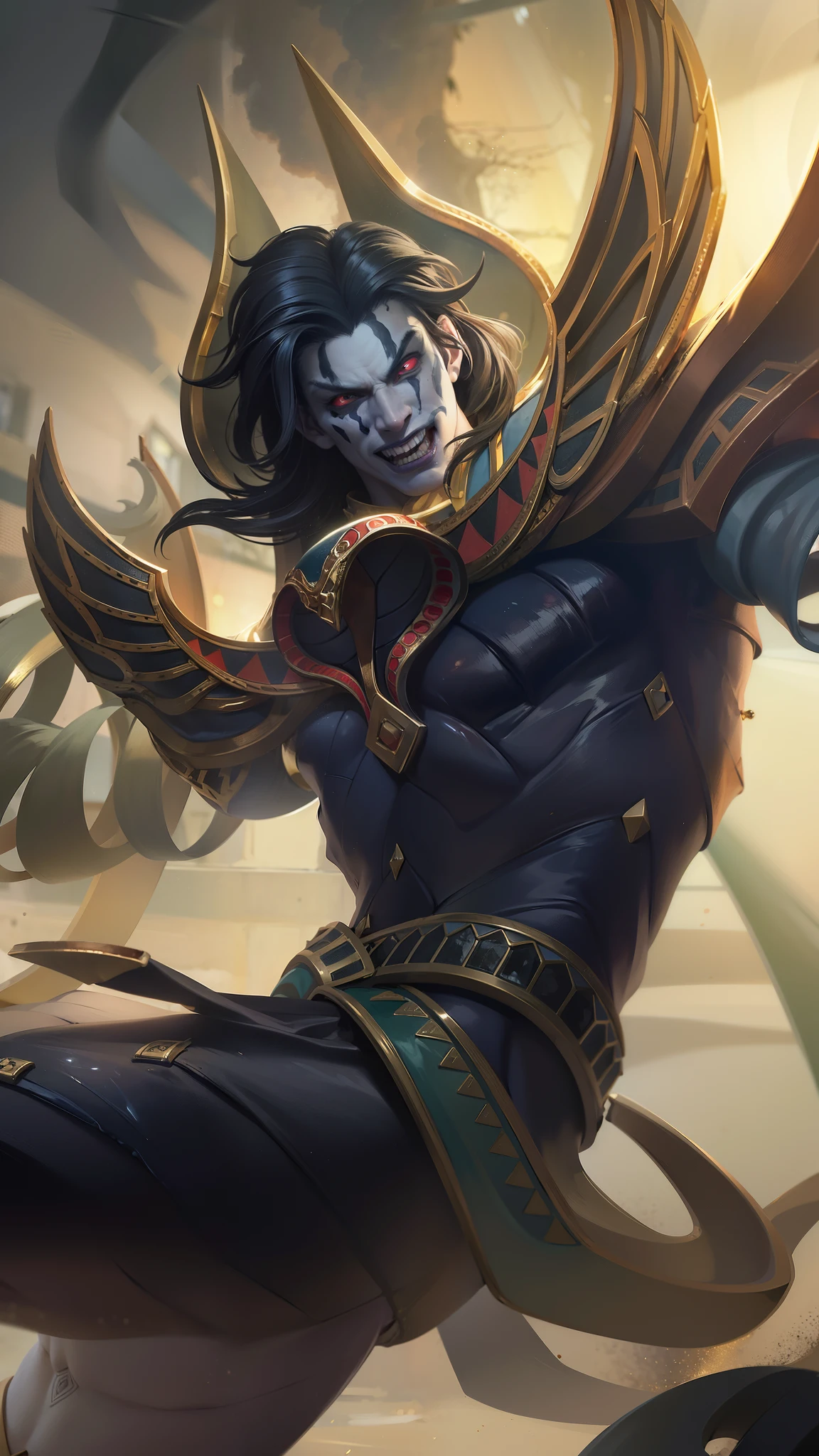 masculine male, masterpiece, ((perfect eyes)) best quality, (semirealism:1.9), beautiful lighting, (extremely detailed CG unity 4k fhd wallpaper), High Detail, Sharp focus, dramatic outdoors,40 years old, brown short hair, blue eyes, smile, Boy with two big horns, big earrings on ears, elf ear, red eyes, Thick eyebrows, evil smile, grinning,red body, red face, Burning skin, yellow diamonds glistening on chest, burning red skin,golden robe behind, big white belt , 8k , realistic, scary.