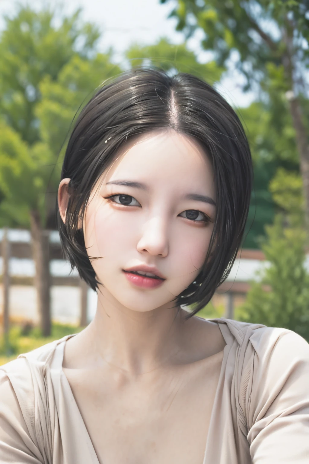 1 girl,blurry,blurry foreground,blurry background,lips,looking at the viewer,outdoor,photograph \(Moderate\),realistic,short hair,alone,Upper body,Depth of bounds written,