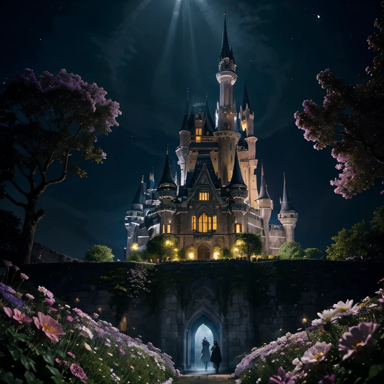 Imagine an otherworldly castle nestled among mystical, glowing flowers that bloom in the moonlight. Imagine the play of light and shadow bringing to life the intricate details of this magical fortress, surrounded by enchanting, luminescent flowers.