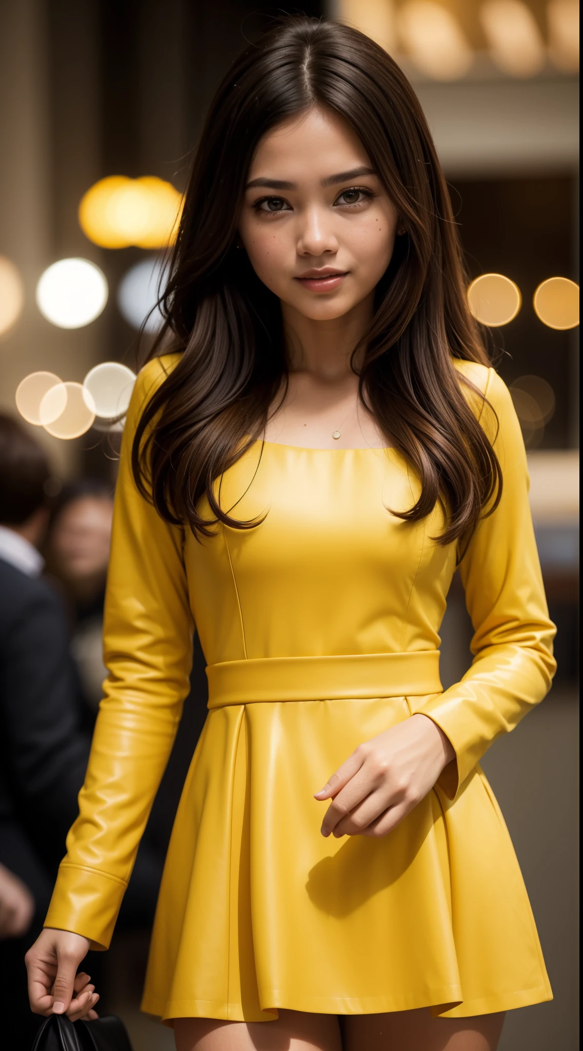 Malay girl, very long golden brown hair,wear yellow mustard Mini leather peplum Dress , laughing and posing with hand on hip, from side view, windy, detail skin, age spot, detail skin texture, mole below eyes, small breast, flat chest, wide hips, small waists, thick thighs, beautiful body, nighttime, laughing, happy, cool ambient, crowded cafe, blur background, bokeh, cinematic lighting, Super 8mm lense, Extreme close-up, deep focus cinematography effect, Natural Lighting, pastel color grading, high quality, ultra detail, 8k resolution