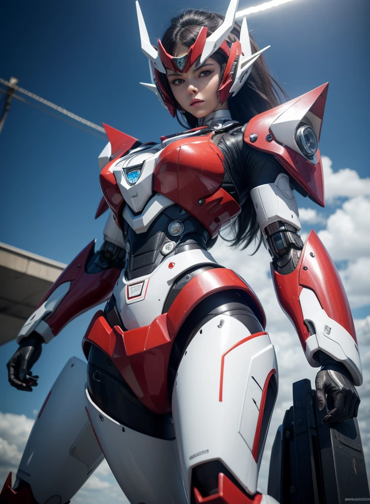 Textured skin, Super Detail, high details, High quality, Best Quality, hight resolution, 1080p, hard disk, Beautiful,(Aphroida a),Robot Girl,beautiful cyborg woman,Battle Mode,Girl with a Mecha Body,Wearing Mazinger Z mecha,Fulll body Shot