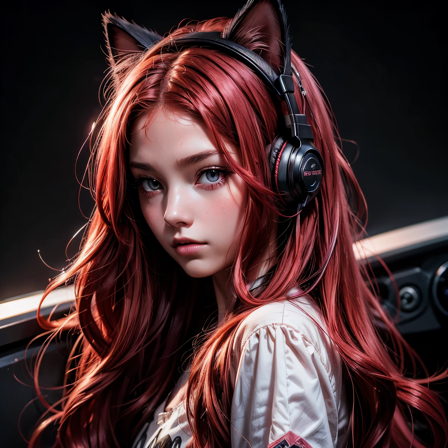 Dark style, nice perfect face with soft skin, really young beautiful girl kid, portrait, long red hair, pink cat headphones, black eyes