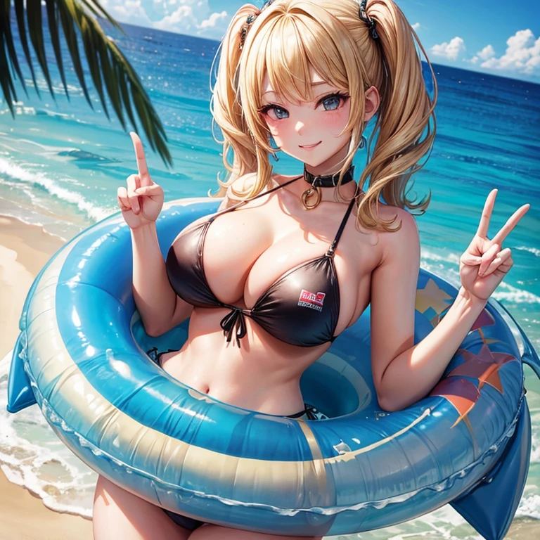 highest quality, masterpiece, blonde、gal、female brat、、tits、swimsuxposed、Slut、smug face、peace sign、sandy beach、crowd
