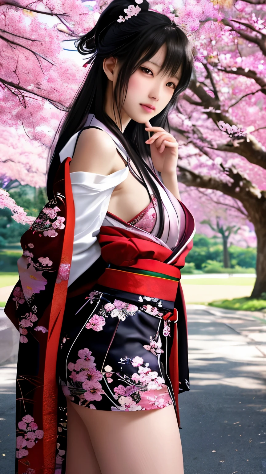 最high quality、high quality、best image quality、8K、最High resolution、High resolution、最high quality、masterpiece、Realistic human body with detailed details、Realistic skin in every detail、Realistic face in every detail、Realistic eyes in every detail、Realistic lips in every detail、Realistic teeth in every detail、Realistic ears with attention to detail、Realistic hair with detailed details、Realistic arms with attention to detail、Realistic hands with attention to detail、Realistic fingers with attention to detail、(fine hands、thumb1reference4)、Realistic legs with attention to detail、Realistic feet with attention to detail、((beautiful japanese girl))、(japanese model), (japanese woman)、((18 year old beautiful girl))、(black hair)、(straight hair)、((whole body))、((Upward beautiful breasts、Medium chest))、(slim style、slender style)、(whole body光沢肌、Fair skin)、Detailed and realistic human body、detailed realistic skin、detailed realistic face、detailed realistic arms、Detailed realistic fingers、Detailed realistic feet、soft natural light、samurai kimono、maiko kimono、servant、geisha kimono、japanese kimono、Furisode、kimono、Yukata、japanese traditional、Samurai Residence、Japanese garden、((colorful transparent see-through(flowery kimono、Hakama with side slits))、((Under the cherry blossom tree in full bloom(Poses that make your thighs look sexy))、extreme close up