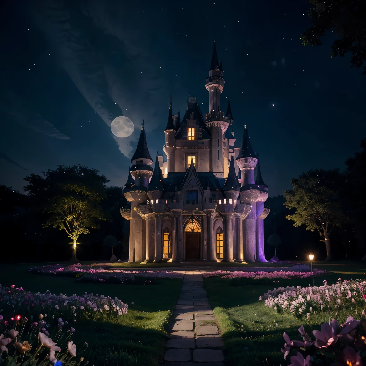 Imagine an otherworldly castle nestled among mystical, glowing flowers that bloom in the moonlight. Imagine the play of light and shadow bringing to life the intricate details of this magical fortress, surrounded by enchanting, luminescent flowers.
