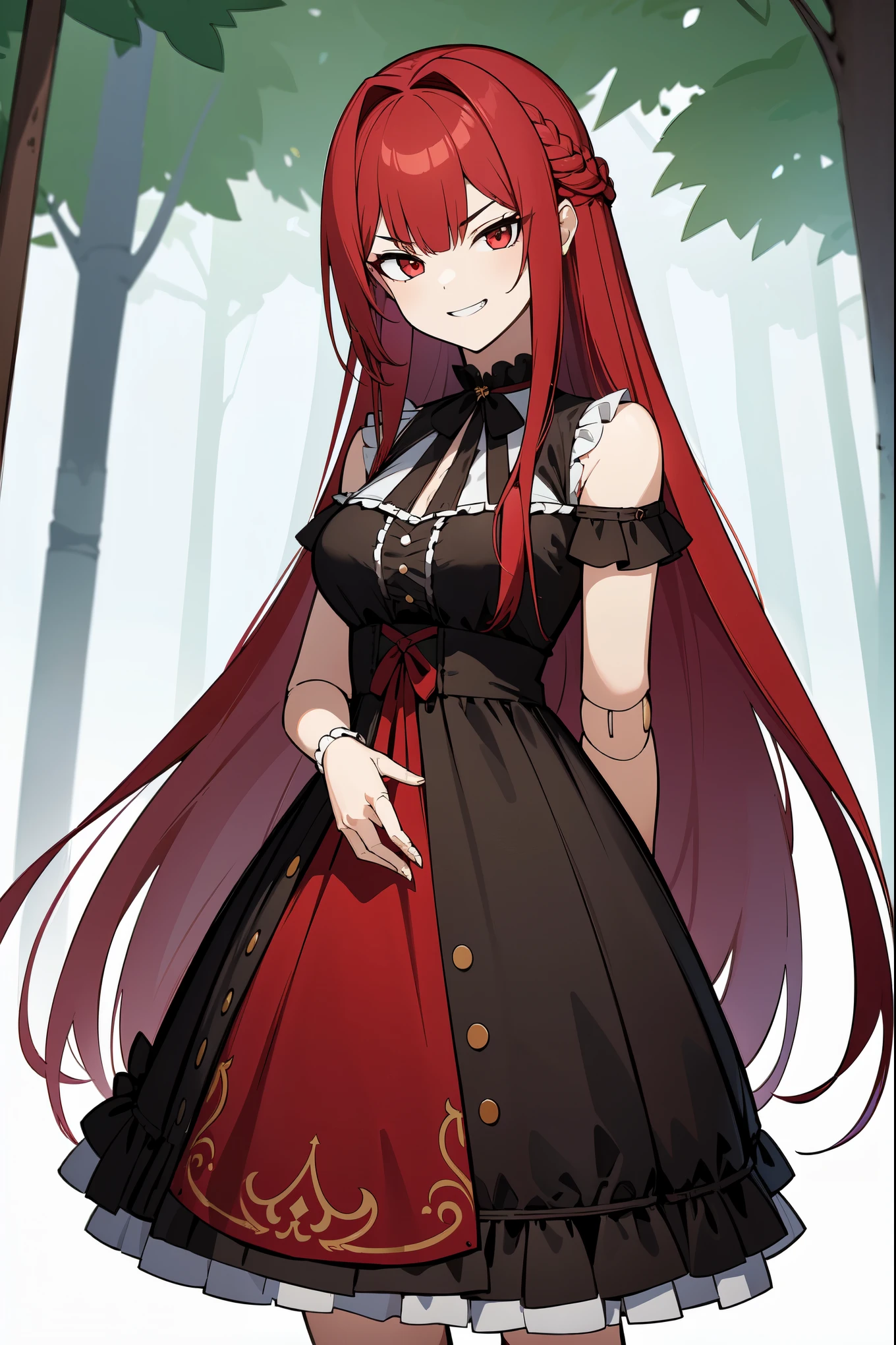 masterpiece, best quality, ultra high quality, 1girl, solo, crimson red hair, very long hair, french braid, single sidelock, red eyes, detailed eyes, medium breasts, mature girl, smirk, evil grin, evil face, black victorian dress, ornate white dress, (sleeveless), off-shoulder dress, frills, (dollgirl, doll joints), looking at viewer, arms behind back, sunrays, volumetric lightning, focus on character, forest, trees