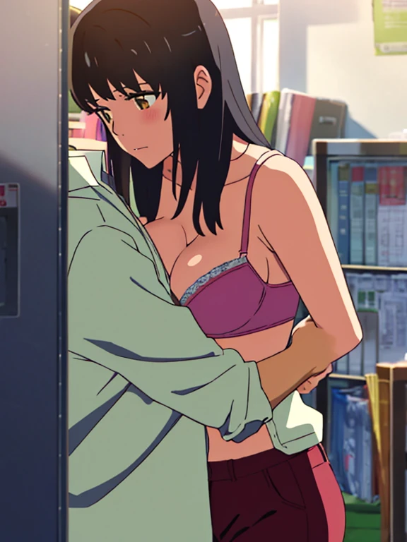 shinkai makoto, kimi no na wa., 1boy, buzzcut,office suit, boy caressing girl's body, kiss cheeks, passionate hug, boy is hugging from behind, chestgrope from behind, boy is touchig girl's chest, hold chest, 1girl, bangs, black hair, brown eyes, Twisted Half Up, red ribbon, long hair, yellow collared shirt, open shirt, off shoulders,unbuttoned shirt, pink bra, cleavage, breast, medium breast, blue pants, storage room, indoors, masterpiece, perfect anatomy, cowboyshot