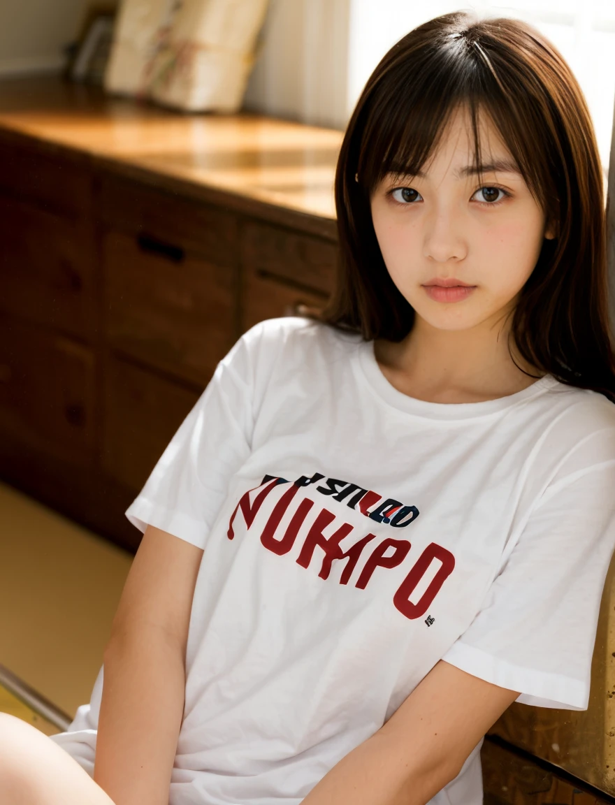 a young man with short hair wearing a white t-shirt with a Japanese icon logo is feeding a beautiful girl wearing a hijab and wearing a hoodie jacket and wearing typical Japanese clothes, sitting on the floor in a typical Japanese house

