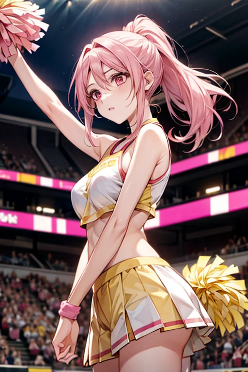 One female、pink hair、pink eyes、long ponytail、yellow ribbon、cheerleader、(holding yellow pompoms in both hands)、big breasts、One female、全力cheering、best style、cheering、Ponpon furifuri