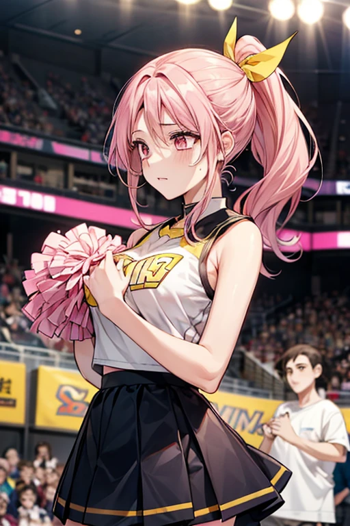 One female、pink hair、pink eyes、long ponytail、yellow ribbon、cheerleader、(holding yellow pompoms in both hands)、big breasts、One female、全力cheering、best style、cheering、Ponpon furifuri