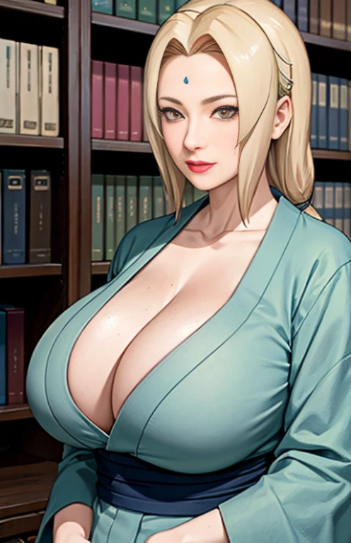 (huge tits), cleavage, good anatomy, masterpiece, best quality, 4k, 8k, professional photography, soft light, sharp focus, 1 girl, blonde hair, kimono, (mountain), clouds, blonde hair, parted banks, detailed face+brown eyes, smile, closed lips, lipstick, bookshelves,