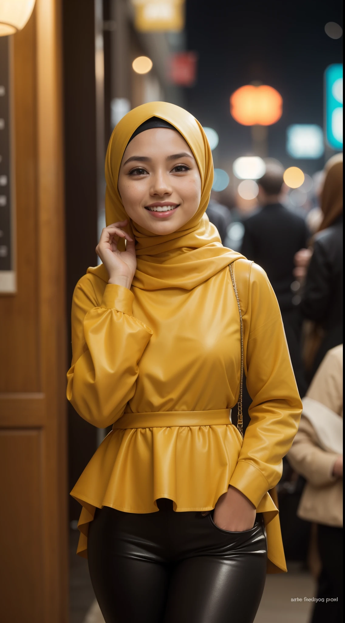 Malay girl in hijab, very long golden brown hijab,wear yellow mustard long sleeve modest leather peplum long Dress with leggings, laughing and posing with hand on hip, from front view, windy, detail skin, age spot, detail skin texture, mole below eyes, small breast, flat chest, wide hips, small waists, thick thighs, beautiful body, nighttime, laughing, happy, cool ambient, crowded cafe, blur background, bokeh, cinematic lighting, Super 8mm lense, Extreme close-up, deep focus cinematography effect, Natural Lighting, pastel color grading, high quality, ultra detail, 8k resolution
