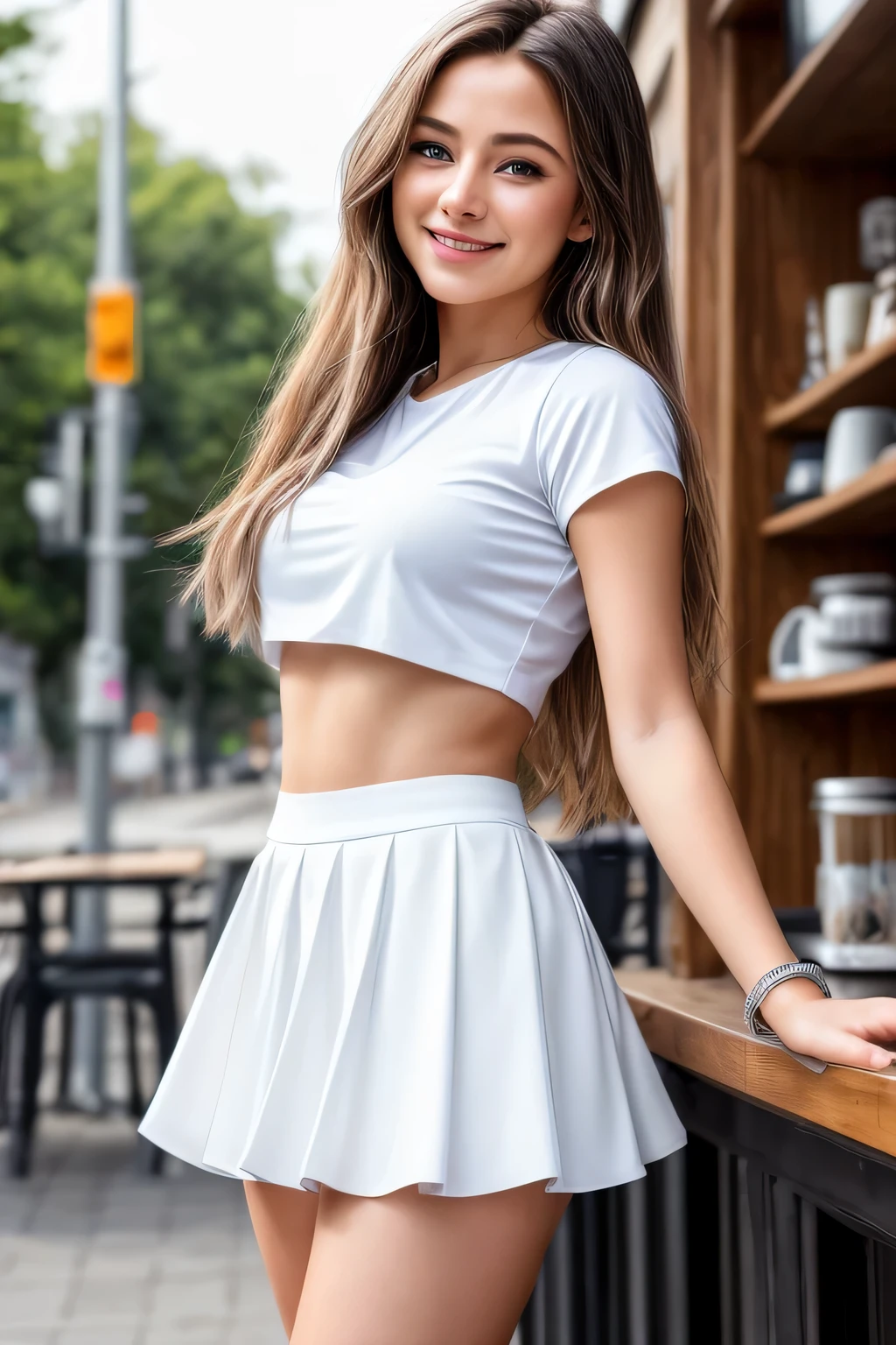 chef-d'artwork, best quality, Ultra-detailed),(1fille), yeux bleus, Cheveux longs, brunette, angle dynamique, Pose dynamique, natural lighting, flottant, (Haut blanc:1.2|Haut noir), (jupe :1.2|mini jupe luxe:0.9), (bracelet en argent:1.2|montre), (fond naturel:0.8|café), (Souriant:0.8|serious expression), (surbrillance sur les cheveux), too many drops of water:0.8