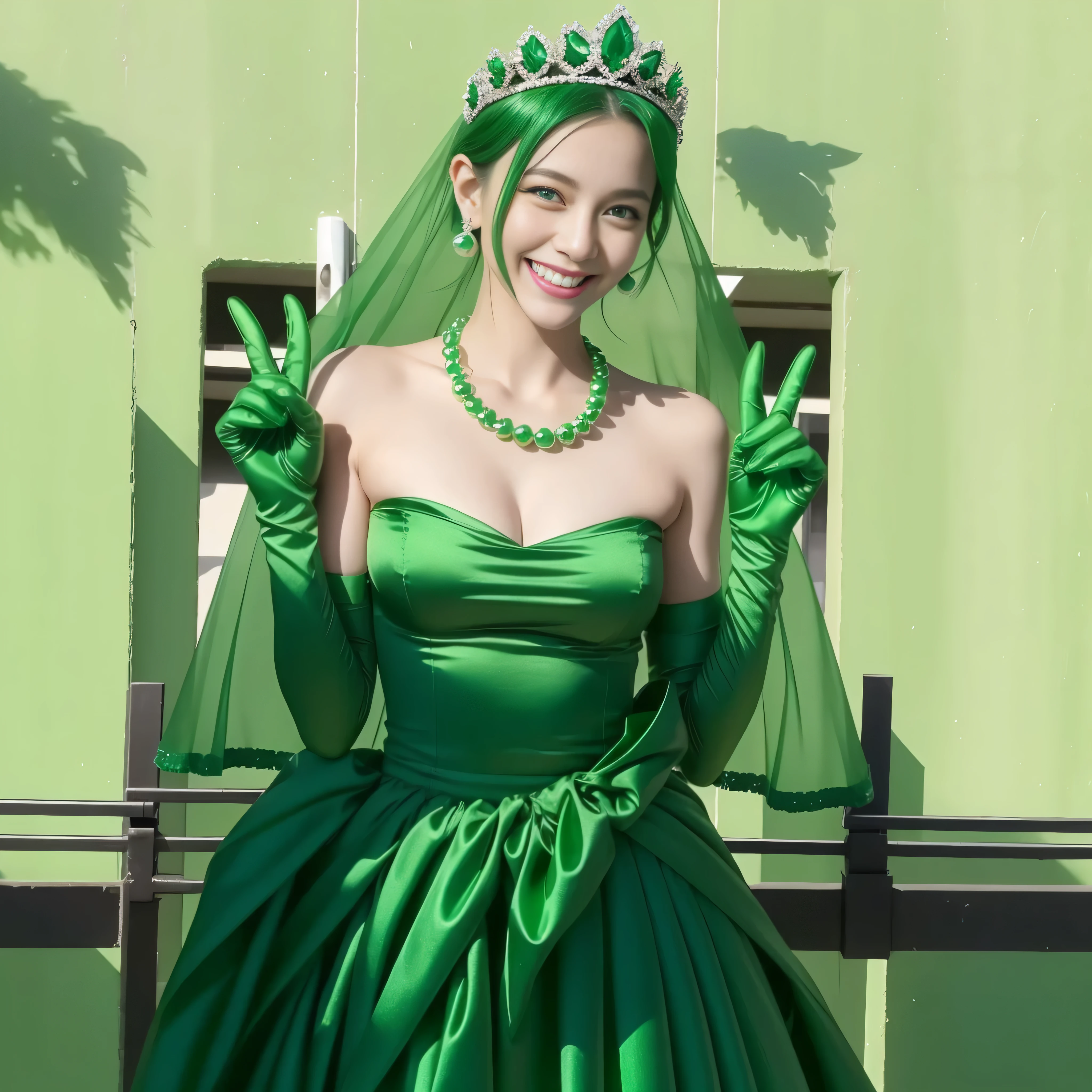 emerald tiara, green pearl necklace, ボーイッシュな非常に短いgreen hair, lipstick, smiling Japanese woman, very short hair, big breasts beautiful, green eyes, Long Green Satin Gloves, green eyes, V sign, emerald earrings, green veil, green hair
