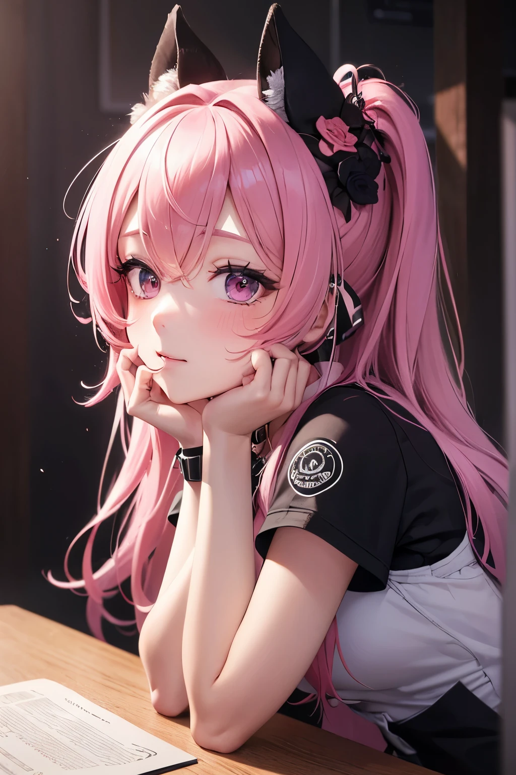 striped hair,Pink twin-tailed hair, Hello, mole under eye, mole under mouth, heart-shaped eyes, long eyelashes, pink eyes, Heart-shaped choker、Full body Esbian、look at the viewer、shy, blush, tooth, ear blush, nose blush,anime style, color field painting, ray tracing, bloom, one person's perspective, nffsw, award-winning, 16K, 最high quality, advanced details, high quality, table top, High resolution, Accurate, Super detailed