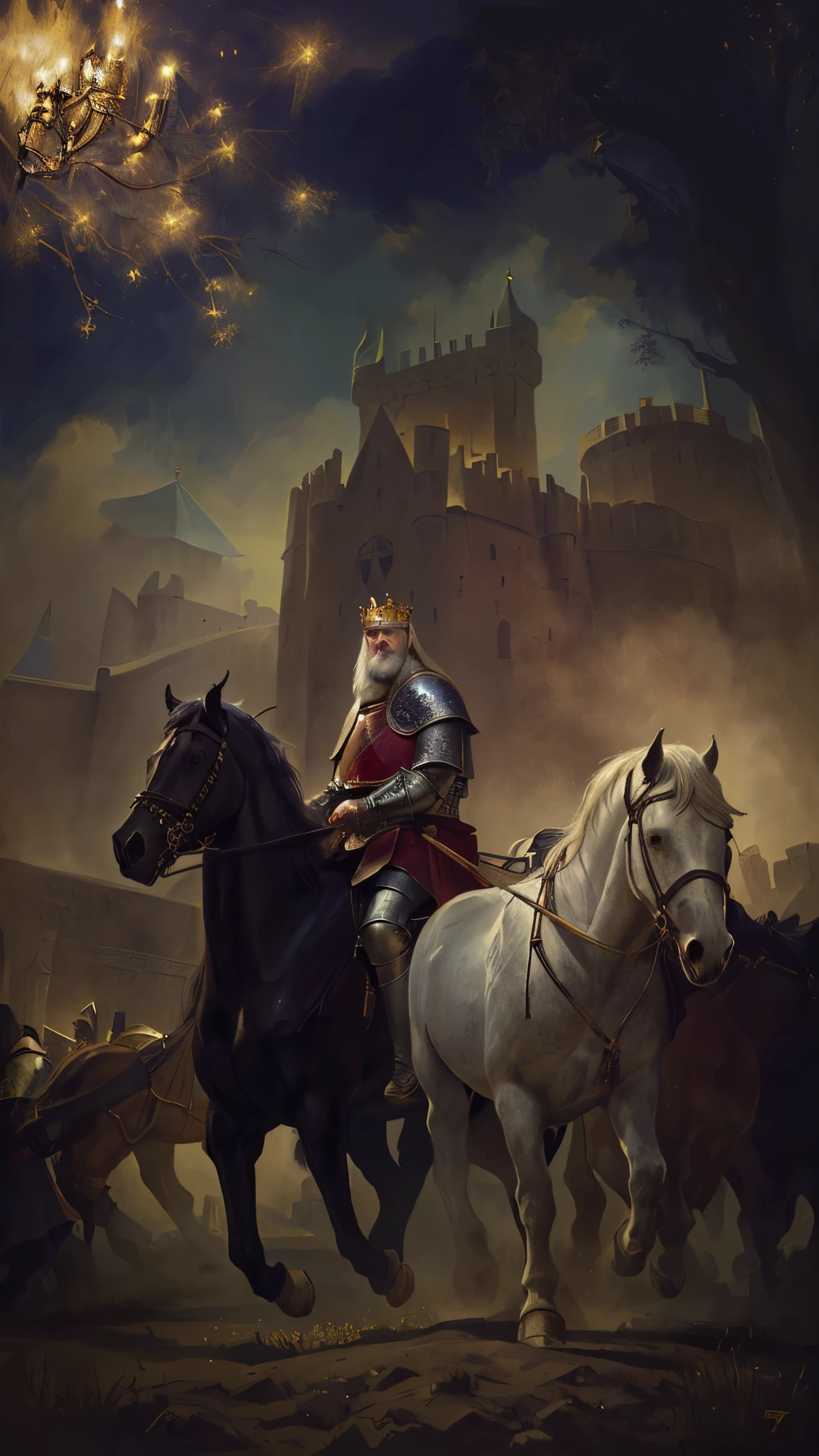 there is a man riding a Dark horse pulling an other white horse, medieval old king, medieval fantasy game art, by Adam Marczyński, portrait of medieval old king, portrait of a medieval old king, medieval fantasy art, tuomas korpi and wlop, medieval fantasy illustration, painting of a knight, by Zlatyu Boyadzhiev
