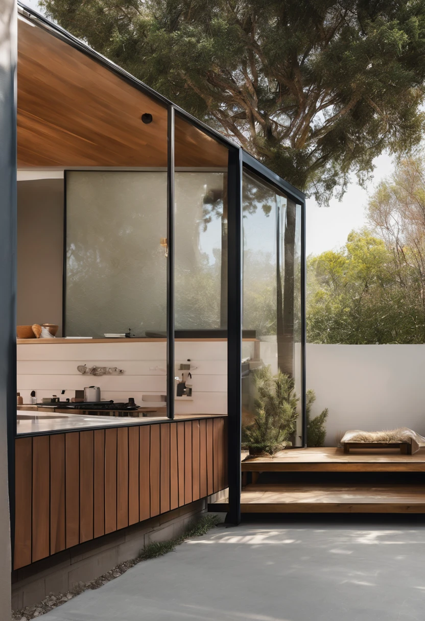 Building a Modern Dream Home:

**Concept:** Design and construct a brand new, modern dwelling inspired by the following key elements:

* **Spatial Arrangement:** Imagine a collection of interconnected structures, including a main house, a separate workshop/shed, and a garage, arranged in a harmonious layout that fosters outdoor living and creates distinct functional zones.
* **Clean Lines and Minimalism:** Embrace a contemporary aesthetic with clean lines, geometric shapes, and expansive windows that blur the boundaries between inside and outside.
* **Modern Materials:** Utilize a tasteful blend of materials like:
    * **House:**
        * **Exterior:** Precast concrete panels or sleek wooden siding for a warm, minimalist look.
        * **Roof:** Flat roof with a metal or PVC membrane for a clean, contemporary aesthetic.
        * **Windows:** Floor-to-ceiling windows with slim frames to maximize natural light and connection to the surrounding environment.
        * **Doors:** Large sliding glass doors for seamless indoor-outdoor flow.
    * **Shed/Workshop:** Corten steel or corrugated metal for a modern, industrial feel.
    * **Garage:** Sleek, oversized garage door in wood with a dark stain or steel with a matte finish.
    * **Fences/Gates:** Minimalist metal panels or Corten steel for a sophisticated, industrial touch.
* **Integration with Nature:** Design low-maintenance landscaping with native plants, geometric shapes, and integrated pathways to complement the modern architecture and create a natural, inviting atmosphere.

**Additional Considerations:**

* **Sustainability:** Prioritize eco-friendly materials like recycled content, certified wood, and energy-efficient systems.
* **Personalization:** Inject your unique style and personality through furniture, artwork, and decorative elements.
* **Site Specificity:** Adapt the design to the specific characteristics of your chosen building site, such as the topography, sun exposure, and prevailing winds.