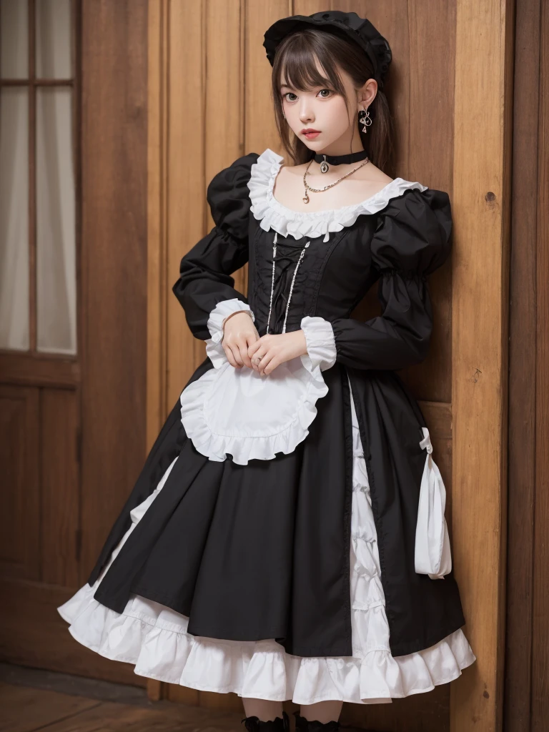 Best masterpiece, super high resolution, super high definition, brown hair, super detail, medium length, double eyelids, tear bags, sexy lips, earrings, great style, necklace, gothic ta clothes, gothic loliashion, long skirt, frilled skirt, knee-high socks, boots, Standing pose, sexy pose, whole body, photo composition that shows the whole body, indoors, dim lighting, 18 years old, fingers clearly drawn,