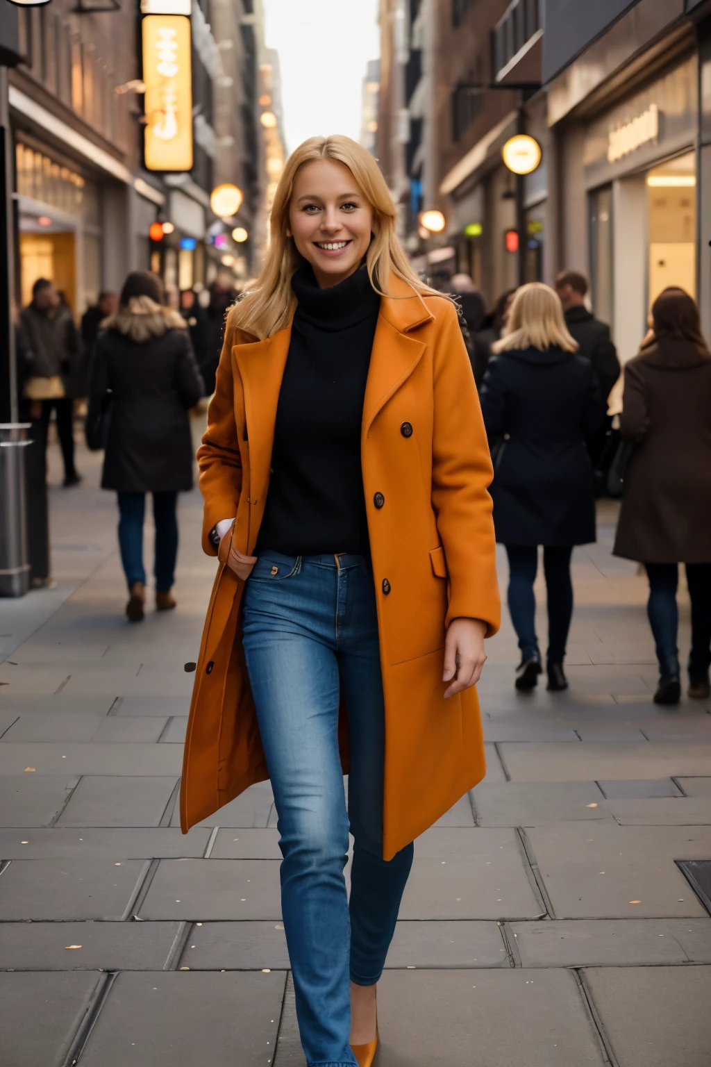 Fullbody shot of a blond , german woman , 35 years old , very elegant , skinny legs , small hipps, shin face , Wearing jeans and a orange wintercoat walking in a crowded street in Manhattan , holding blue shopping bags in her hand , time of the day is during golden hour ,
She is naturaly smiling into the camera ,
Picture taken with a CANON MARK 3 with 35mm 1.8f 200/s lens and studio lighting, super sharp picture ,