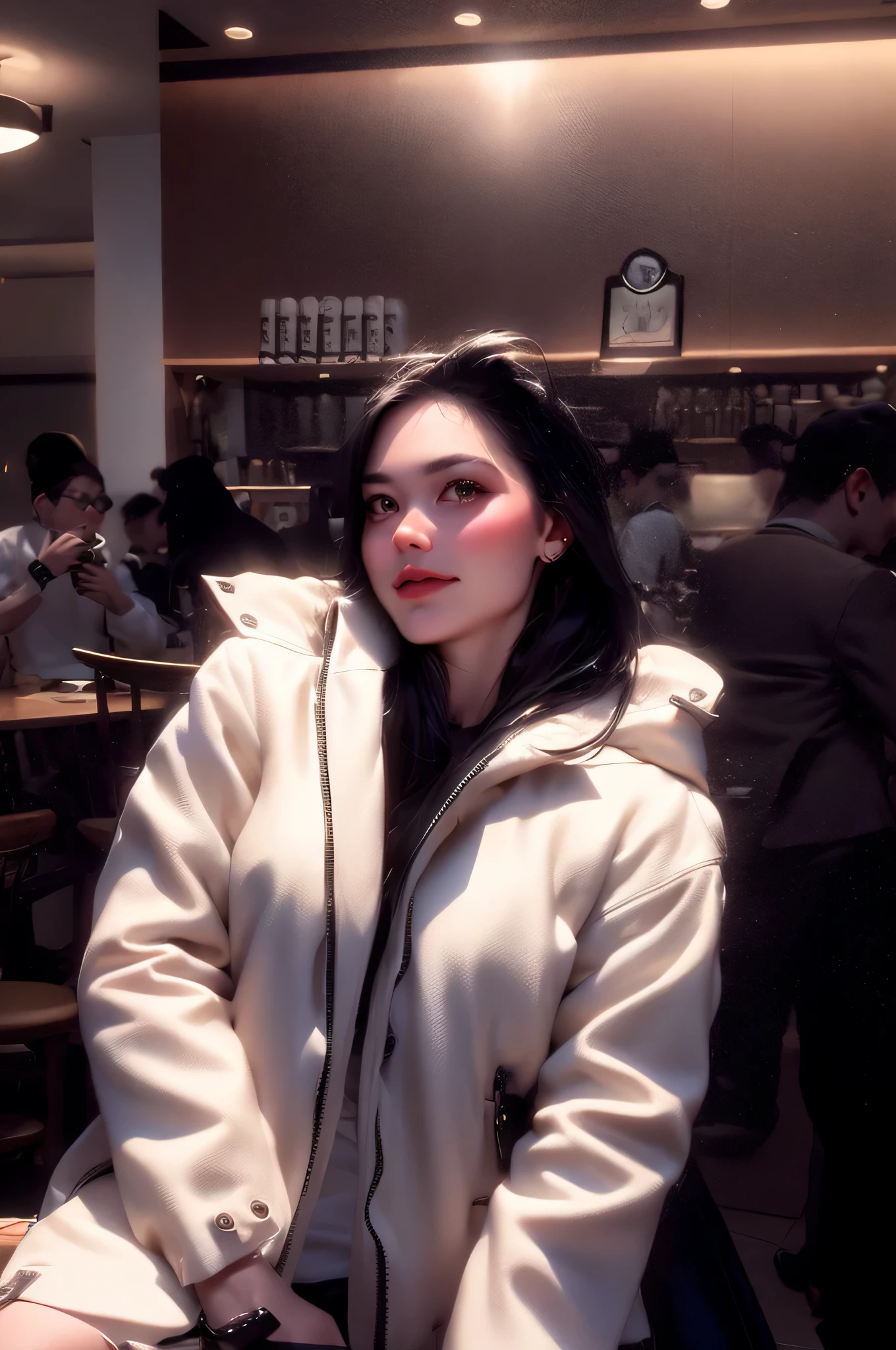 there is a woman sitting at a table with a plate of food, sitting in a cafe, in a coffee shop, cindy avelino, in a bright cafe, sitting in a cafe alone, with the sun shining on it, sitting down casually, cold as ice! 🧊, discovered photo, by Robbie Trevino, at the counter, wearing a white winter coat