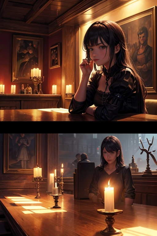 (best quality,4k,8k,highres,masterpiece:1.2),ultra-detailed,(realistic,photorealistic,photo-realistic:1.37),anime:1.1,portraits:1.1,horror,landscape,concept artists,(sci-fi:futuristic:1.1),dark colors,moody lighting,cosy atmosphere,fantasy tavern background,Inside the medieval tavern,medieval tavern background,Inside the ancient tavern,ancient tavern background, In the girl's room,bistro corner,intense colors,soft shadows,misty atmosphere,House tavern background,Mirror,Detailed description of portraits of people in the bar,Guests holding wine glasses,Flickering bar candlelight,Drunk patrons set up shop at the bar,horror animated movie scene,Tavern in the dark,Characters display specific animation actions,Animation heroine character silhouette,Dark red walls and candlelight,Fine line drawing in animation,Antique wooden furniture,Hyper-realistic atmosphere,Tavern surrounded by mist