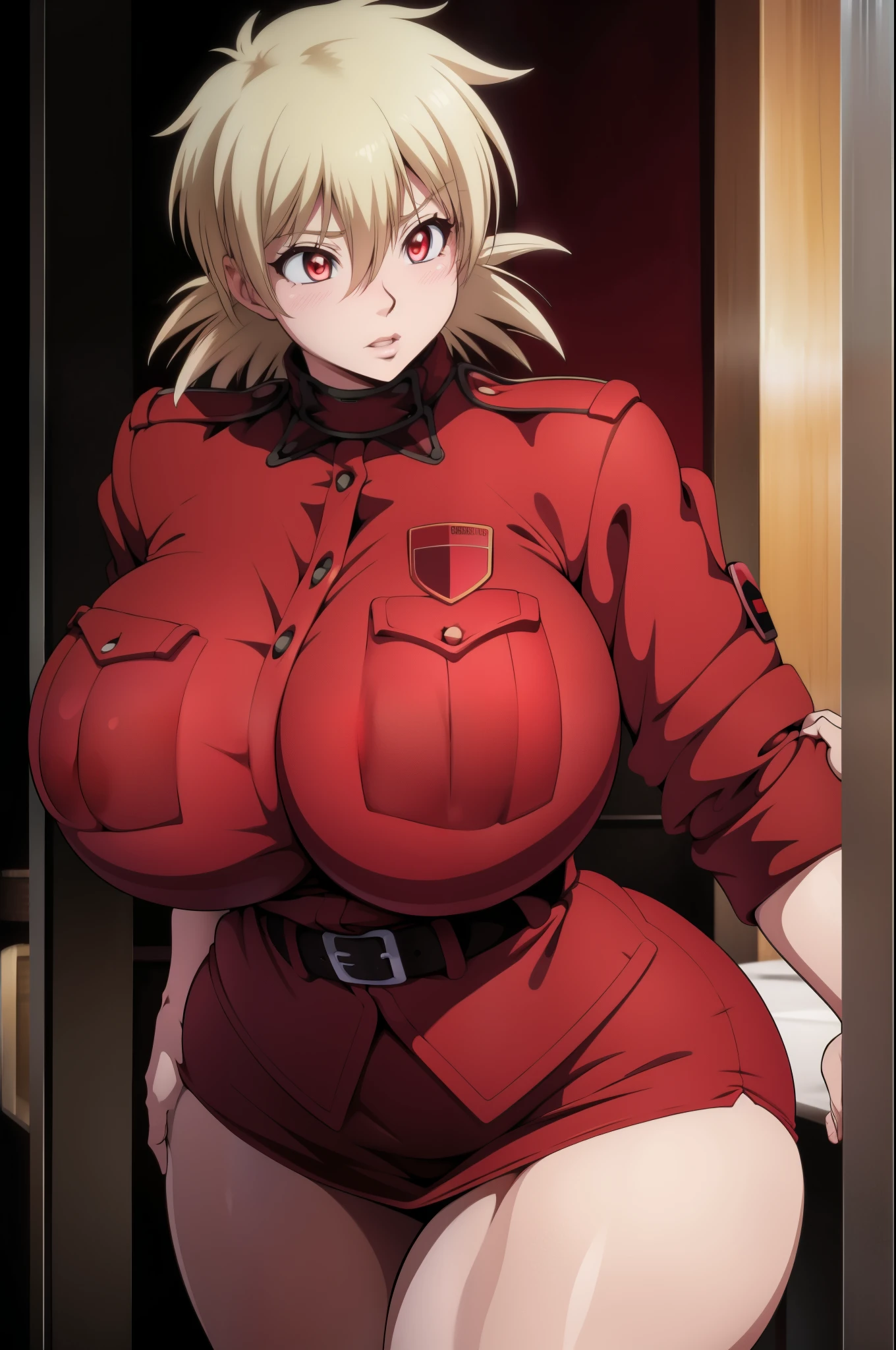 High resolution, Hellsing Ultimate art style, Seras Victoria, 1girl, ((bimbo))), short blond hair, red eyes, puffy lips, thick lips, wide hips, thick thighs, enormous fake breast, huge ass, round fake breasts, romantic cute face, girlfriend, blushing, tight police uniform, red skirt, breasts squeezed together, breasts about burst out of top, close up, nipples,