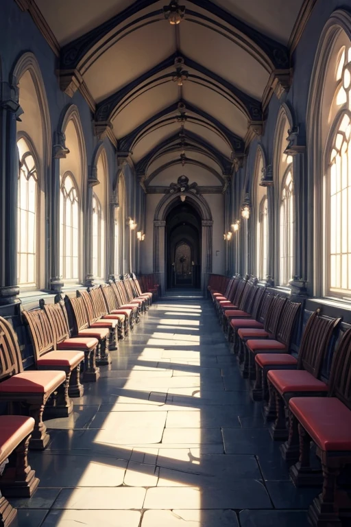 There is a long corridor,There are benches inside,There is a statue in the middle, cathedral background, beautiful anime scene, Screenshot of black clover, kingdom of light background, in the throne room, Claymore anime background, screenshot of animation, fire emblem three houses, Anime Landscape Concept Art, anime background art, Xin Haicheng. —h 2160