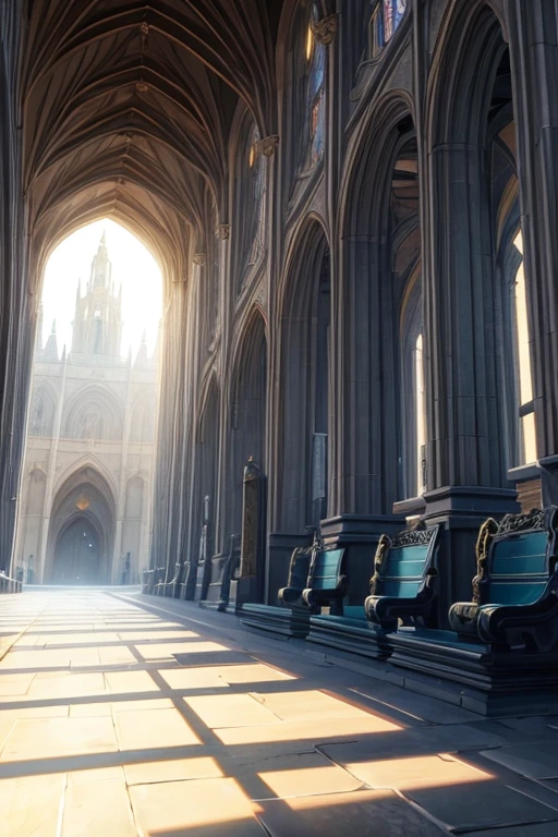 There is a long corridor,There are benches inside,There is a statue in the middle, cathedral background, beautiful anime scene, Screenshot of black clover, kingdom of light background, in the throne room, Claymore anime background, screenshot of animation, fire emblem three houses, Anime Landscape Concept Art, anime background art, Xin Haicheng. —h 2160