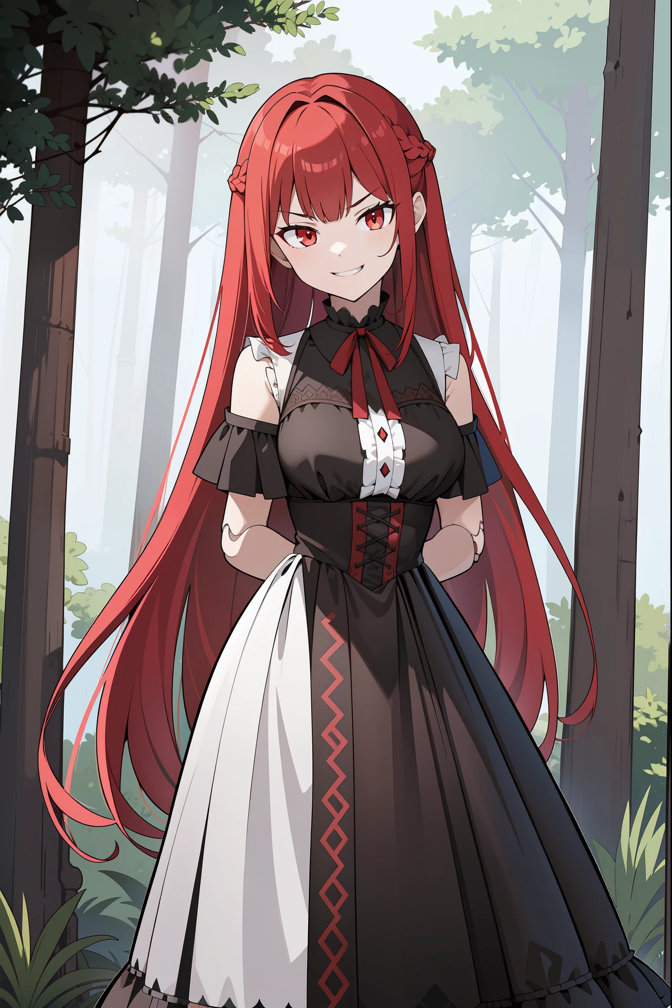 masterpiece, best quality, ultra high quality, 1girl, solo, crimson red hair, very long hair, french braid, single sidelock, red eyes, detailed eyes, medium breasts, mature girl, smirk, evil grin, evil face, black victorian dress, ornate white dress, (sleeveless), off-shoulder dress, frills, (dollgirl, doll joints), looking at viewer, arms behind back, sunrays, volumetric lightning, focus on character, forest, trees