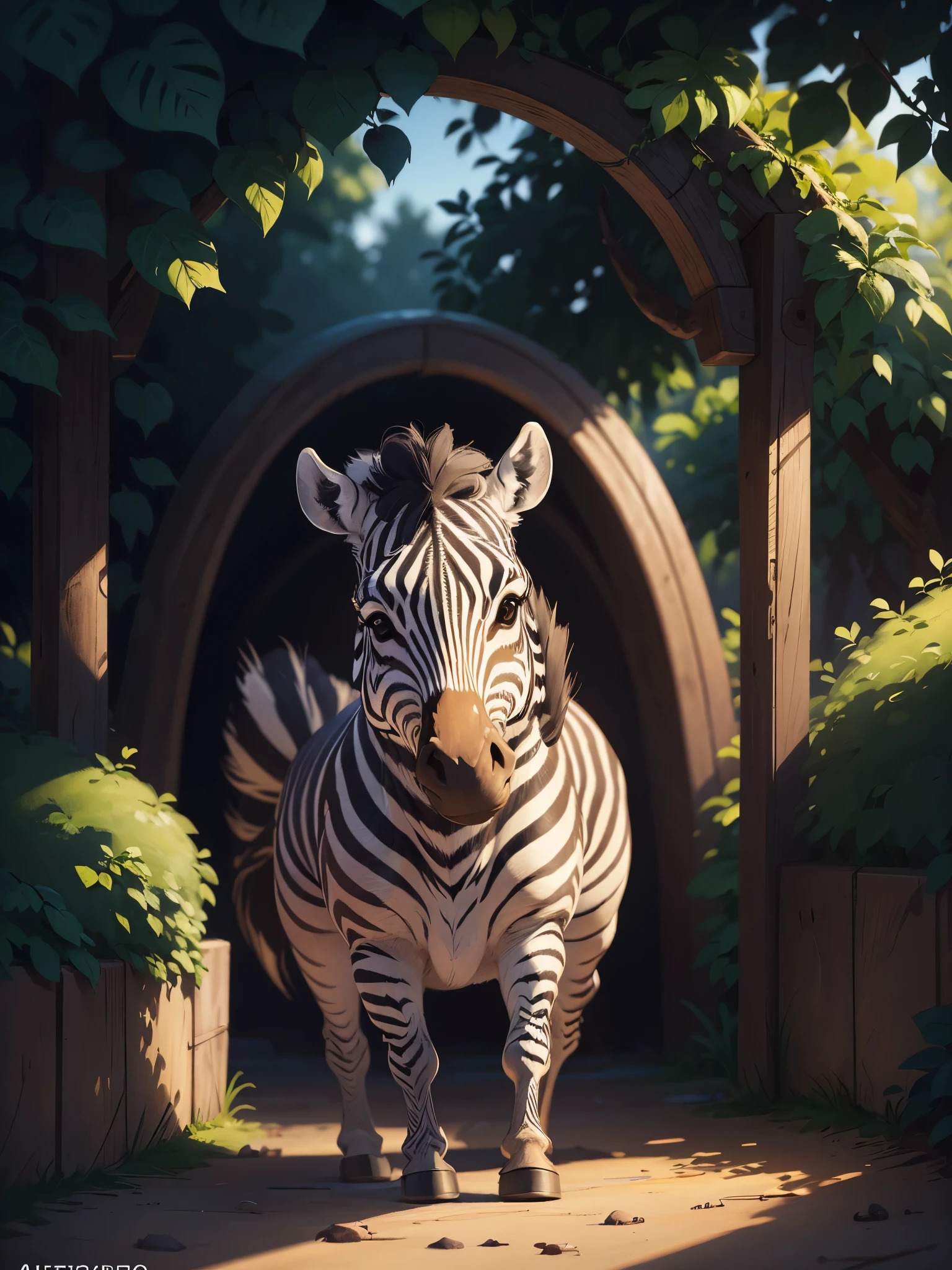 masterpiece, best quality,Illustration of a cute zebra,at a zoo,Pixar style, stills,simple background,perfect details,