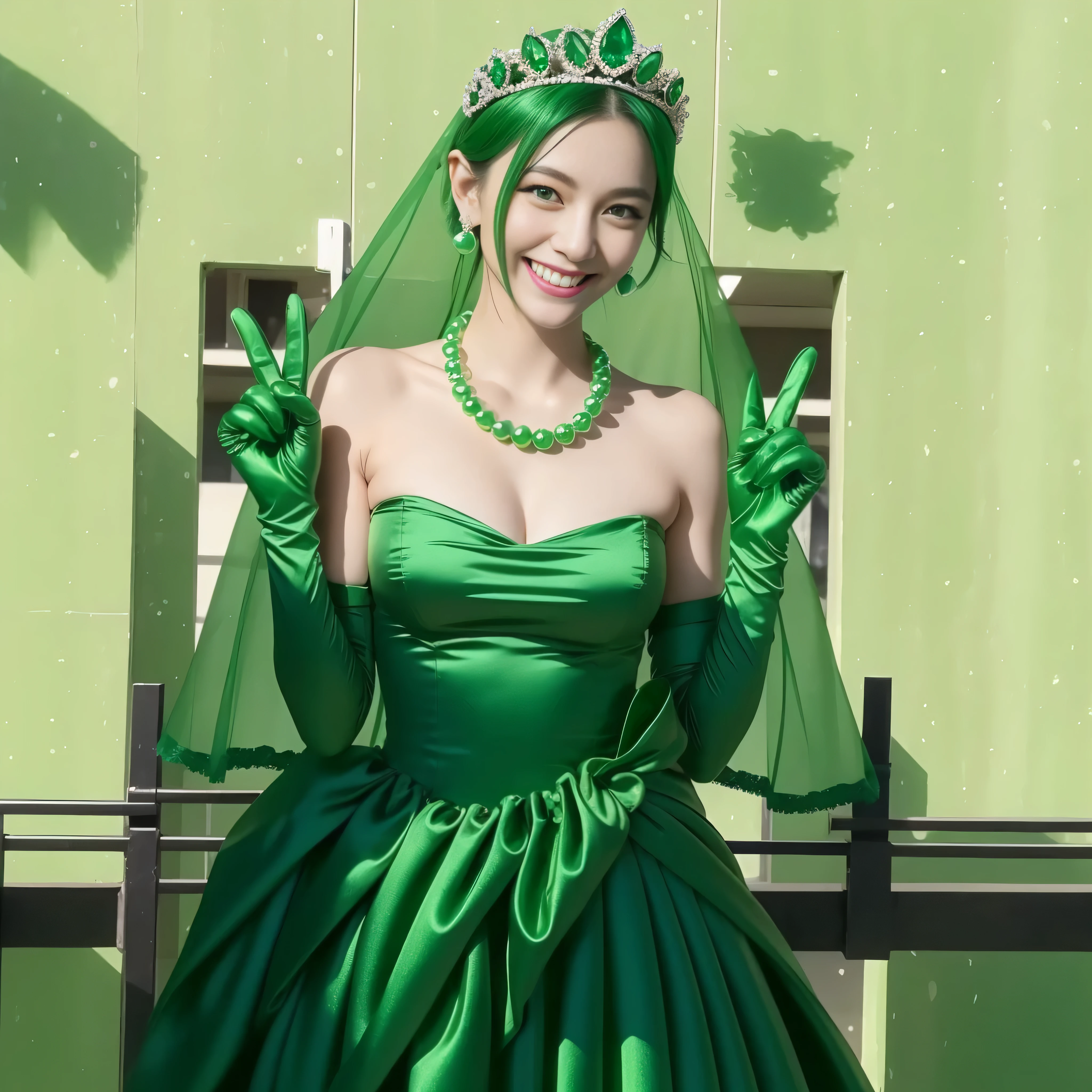 emerald tiara, green pearl necklace, ボーイッシュな非常に短いgreen hair, lipstick, smiling Japanese woman, very short hair, big breasts beautiful, green eyes, Long Green Satin Gloves, green eyes, V sign, emerald earrings, green veil, green hair
