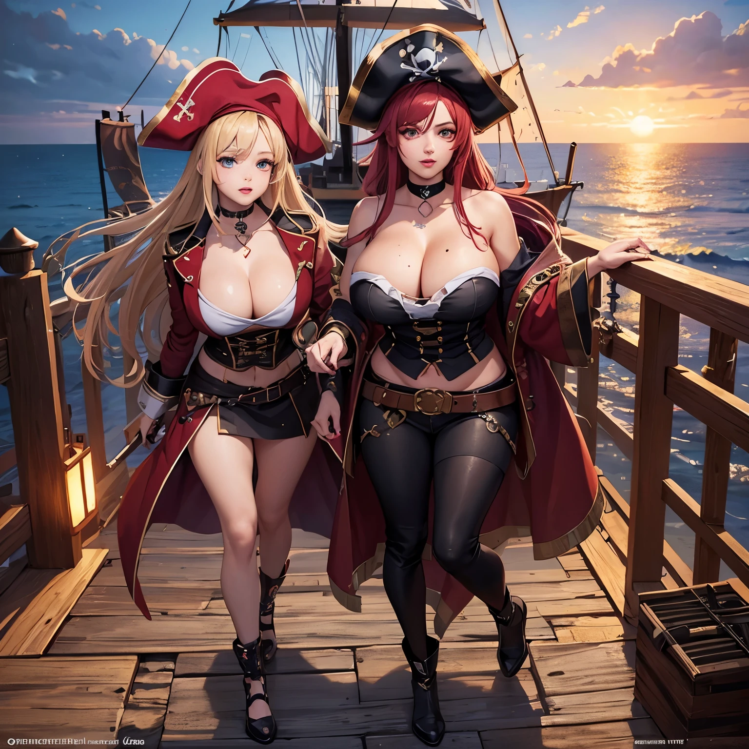 Female pirate with beautiful eyes, plump lips, mole under the eye, heart-shaped choker, pirate ship, ocean, anime, computer graphics art, high resolution, highest quality, full body, 8k character concept, 32k, pixiv, illustration, super detailed, super detailed face, megapixel, super detailed HDR, clear, overdecoration