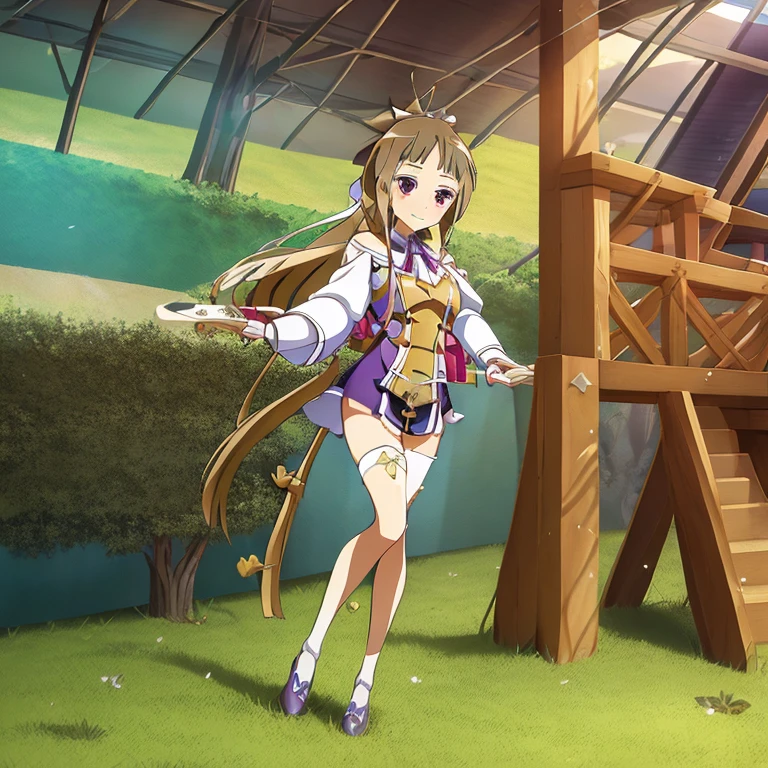 masterpiece,(highest quality),wonderful.beautiful detailed clothing,in detail,Highly detailed CG Unity 8K wallpaper,(figure:1.2),very delicate and beautiful,official art,
1 girl,legs_Wakaba,purple eyes,brown hair,long hair,bangs,ponytail,bow,hair ornaments,Are standing,school uniform, smile,On the playground,catch a book,