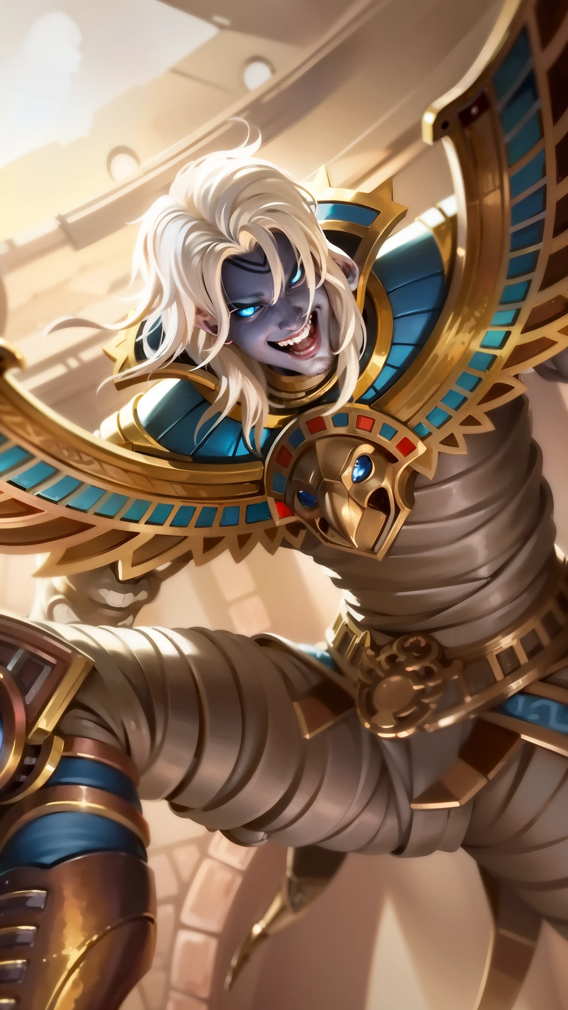 masculine male, masterpiece, ((perfect eyes)) best quality, (semirealism:1.9), beautiful lighting, (extremely detailed CG unity 4k fhd wallpaper), High Detail, Sharp focus, dramatic outdoors,40 years old, brown short hair, blue eyes, smile, Boy with two big horns, big earrings on ears, elf ear, red eyes, Thick eyebrows, evil smile, grinning,red body, red face, Burning skin, yellow diamonds glistening on chest, burning red skin,golden robe behind, big white belt , 8k , realistic, scary.