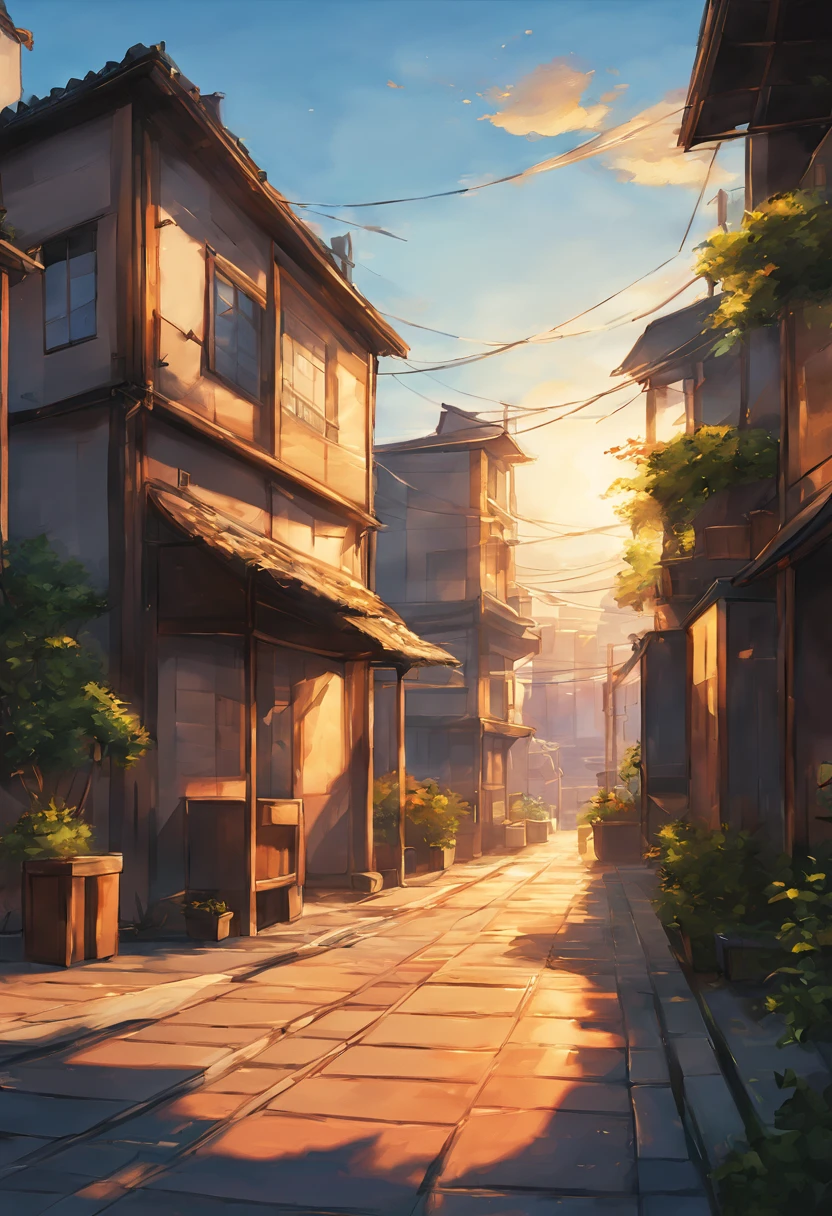 there is a painting of a street with buildings and a sky background, anime background art, photorealistic streetscape, golden hour scene, town background, realistic photo of a town, golden hour sunlight, painted in anime painter studio, quiet street, random background scene, beautiful anime scenery, anime scenery, background art, anime scenery concept art, background artwork, realistic afternoon lighting