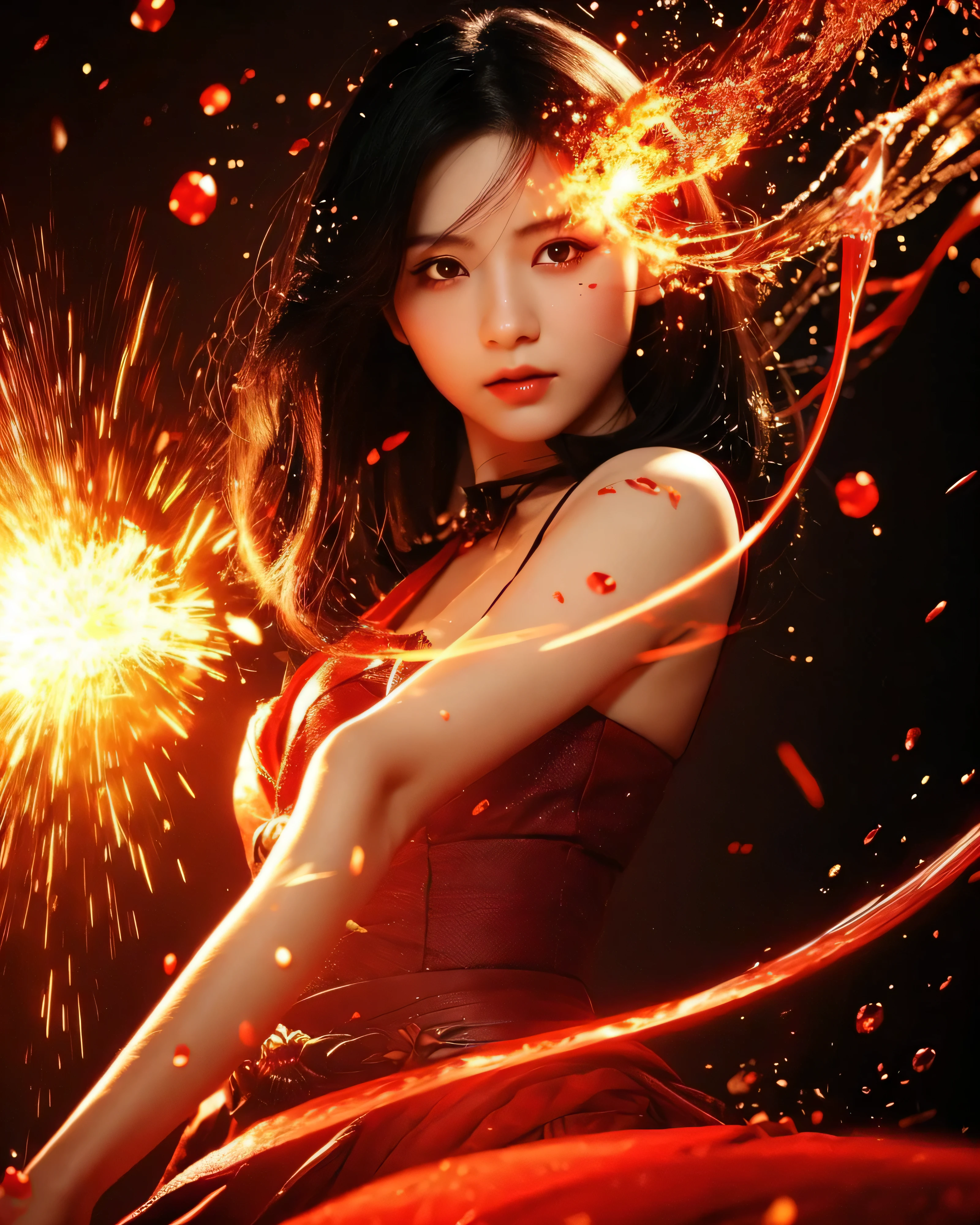 beautiful日本人女性, black hair, beautiful, Magic Red Eyes, Fire Witch, Blood, particles of light, light, wallpaper, high contrast, colorful,