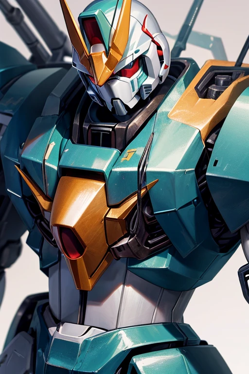 Close-up of gun-wielding robot toy character, Zagu, Masterpiece details, gundam armor, Gundam wing armor, Mobile Suit, Close-up detailed, gundam style, Mecha limbs, Turn off high detail, on a gundam, High detail close-up, upper torso included, ultra detailed close up, Extra detailed body