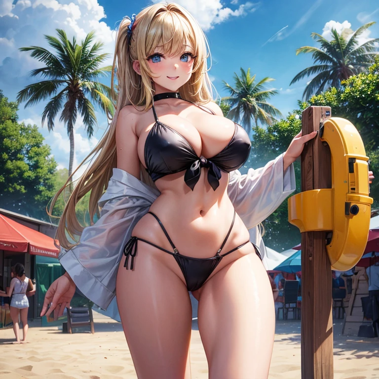 highest quality, masterpiece, blonde、gal、female brat、big breasts、tits、swimsuit、exposed、Slut、smug face、bend down、sandy beach、crowd