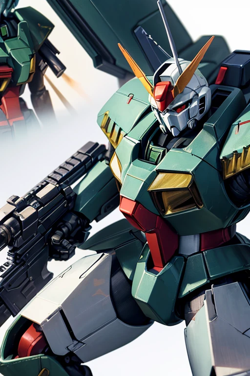 Close-up of gun-wielding robot toy character, Zagu, Masterpiece details, Gundam装甲, Gundam wing style armor, Mobile Suit, Close-up detailed, Gundam style, Mecha limbs, Turn off high detail, on a Gundam, High detail close-up, upper torso included, ultra detailed close up, Gundam, Extra detailed body